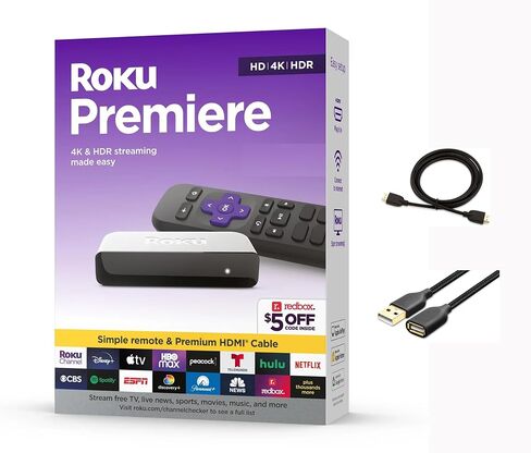 Roku 3920RW-SW Premiere - 4K/HDR Streaming Media Player, Enabled with Premium High Speed HDMI Cable & Simple Remote, Wi-Fi, with MTC USB Extension Cord and HDMI Cable in Kuwait