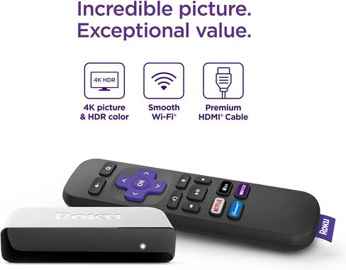 Roku 3920RW-SW Premiere - 4K/HDR Streaming Media Player, Enabled with Premium High Speed HDMI Cable & Simple Remote, Wi-Fi, with MTC USB Extension Cord and HDMI Cable in Kuwait