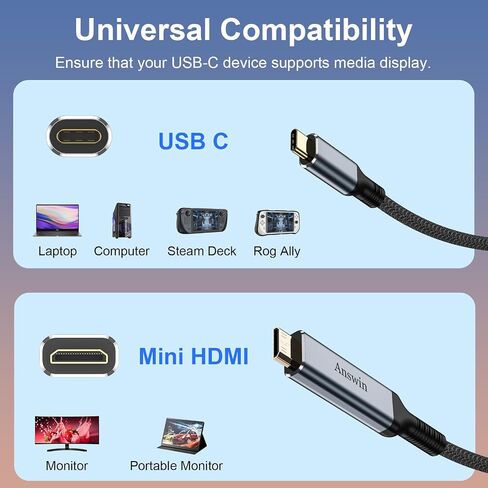 USB C to Mini HDMI Cable 6FT (NOT HDMI), 4K@30Hz/2K@60Hz Type-C to Mini HDMI for MacBook, iPad Pro, iPhone 15/16/17, Galaxy S25, Steam Deck, ROG Ally, Laptop to Portable Monitor in Kuwait