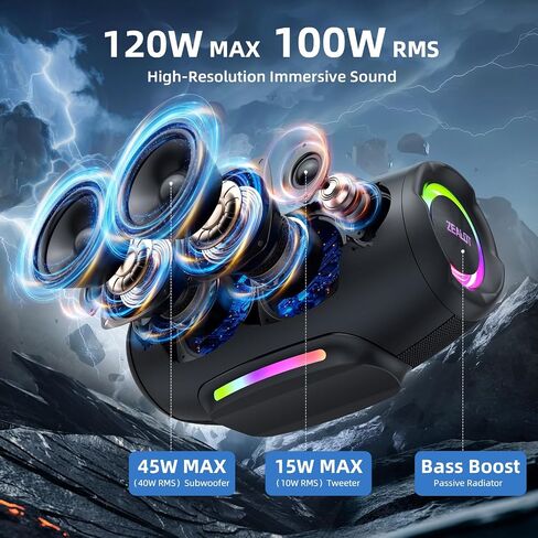 ZEALOT 120W(Peak) Bluetooth Speaker with Deep Bass, Portable Wireless Speaker with RGB Light, IPX6 Waterproof Outdoor Speaker, 24000mAH, USB/TF, Stereo Pairing, Party Speaker for Camping Beach Home in Kuwait