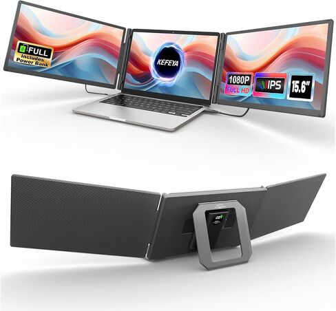 KEFEYA 15.6" Laptop Screen Extender, Includes Power Bank, FHD 1080P IPS Triple Laptop Monitor Extender for 13-17" Laptops, Plug & Play with HDMI/USB-A/TYPE-C/Hub, Compatible with Windows, Mac, Android in Kuwait