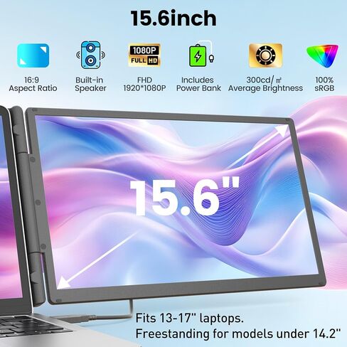 KEFEYA 15.6" Laptop Screen Extender, Includes Power Bank, FHD 1080P IPS Triple Laptop Monitor Extender for 13-17" Laptops, Plug & Play with HDMI/USB-A/TYPE-C/Hub, Compatible with Windows, Mac, Android in Kuwait