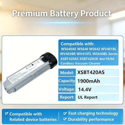 Pattaya 14.4V 1900mAh XSBT420 TLiB5AF Battery Replacement for WS640AE WS640 WS642 WV401BL WV403BR WV410TL WS640BL Series XSBT420AS XSBT420UK 4inr19/66 Cordless Vacuum Cleaner in Kuwait