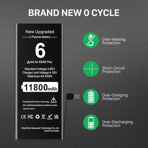 11800mAh Upgraded Battery for iPhone 6, 2026 New Version Ultra-High Capacity 0 Cycle Replacement Battery for iPhone 6 A1586,A1589,A1549 with Professional Repair Tool Kits in Kuwait