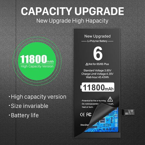 11800mAh Upgraded Battery for iPhone 6, 2026 New Version Ultra-High Capacity 0 Cycle Replacement Battery for iPhone 6 A1586,A1589,A1549 with Professional Repair Tool Kits in Kuwait