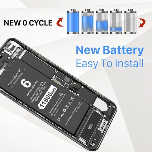 11800mAh Upgraded Battery for iPhone 6, 2026 New Version Ultra-High Capacity 0 Cycle Replacement Battery for iPhone 6 A1586,A1589,A1549 with Professional Repair Tool Kits in Kuwait