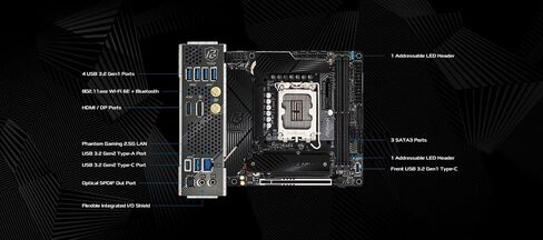 ASRock Phantom Gaming Intel Z790I Lightning WiFi DDR5 DIMMs up to 8600+ (OC) MHz 128GB LGA1700 M.2 Mini-ITX Motherboard SATA3 6.0 Gb/s Z790 802.11axe Wi-Fi 6E PCIe 5.0 x16 in Kuwait