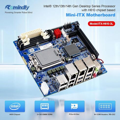 Industrial Mini-ITX Motherboard LGA1700 Supports 12/13/14 Gen Core CPU Up to 65W TDP Dual Intel 2.5G+1G LAN 6 RS232 COM Headers Dual DDR4 (Intel H610) in Saudi Arabia