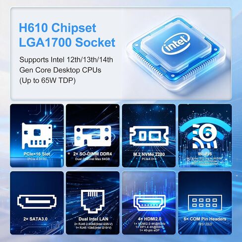 Industrial Mini-ITX Motherboard LGA1700 Supports 12/13/14 Gen Core CPU Up to 65W TDP Dual Intel 2.5G+1G LAN 6 RS232 COM Headers Dual DDR4 (Intel H610) in Saudi Arabia