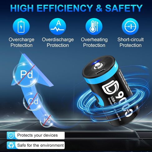 Rechargeable D Batteries 4 Pack, 9000mWh Lithium D Cell Batteries in Kuwait