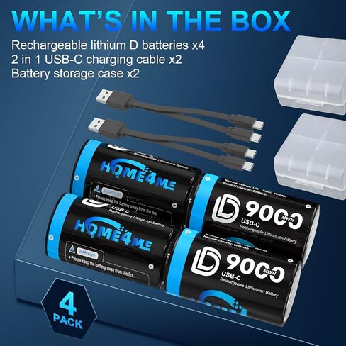 Rechargeable D Batteries 4 Pack, 9000mWh Lithium D Cell Batteries in Kuwait