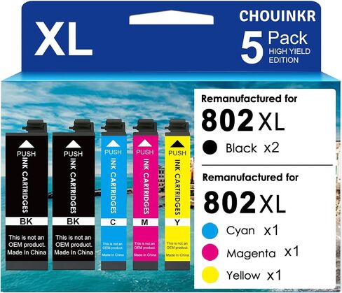 Remanufactured Ink Cartridges for Epson 802 802XL 5 Combo Pack (Black, Cyan, Magenta, Yellow) to use with Workforce Pro WF-4720 WF-4730 WF-4734 WF-4740 Printers in Kuwait