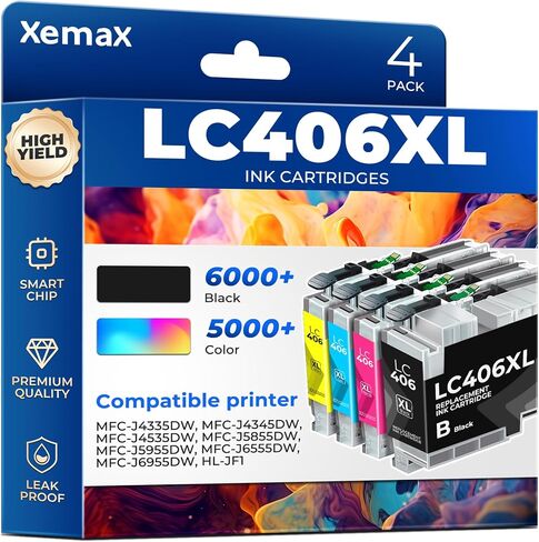 LC406XL Ink Cartridges 4 Pack (21000 Pages) Compatible with MFC-J4335DW for Brother LC406XL LC406 Ink Work for MFC-J4335DW, MFC-J4345DW, MFC-J4535DW, MFC-J5855DW, MFC-J5955DW, MFC-J6555DW, MFC-J6955DW in Kuwait
