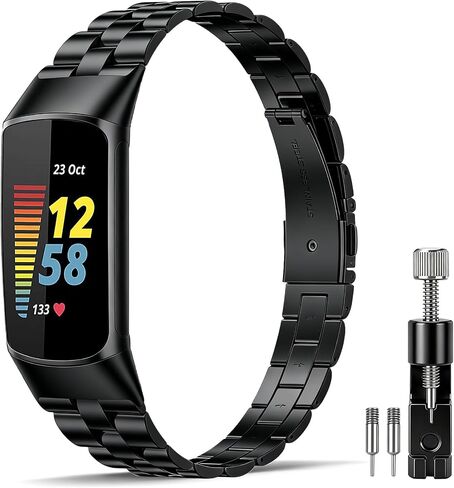 Metal Strap Compatible with Fitbit Charge 6 Bands/Charge 5 Bands, Solid Stainless Steel Replacement Wristband for Women Men in Kuwait