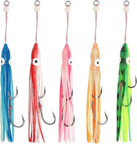 Luminous Squid Soft Fishing Lures: 5pcs Pre-Rigged Glow Squid Jig with Assist Hooks Octopus Skirt Lures Night Fishing Saltwater Trolling Hoochies for Salmon, Snapper & Trout in Kuwait