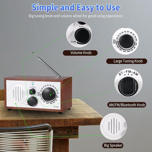 Vintage Wood AM FM Bluetooth Speaker Radio Plug in Wall, Elegant and Retro Design, Old Fashion Radio Bluetooth Speaker with Aux in, Headphone Jack for Home, Office, Kitchen, Gift in Kuwait