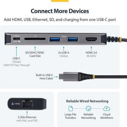 StarTech 6-in-1 USB-C Mini Dock, 4K HDMI, 140W PD, 10Gbps, 2.5GbE, SD in Kuwait