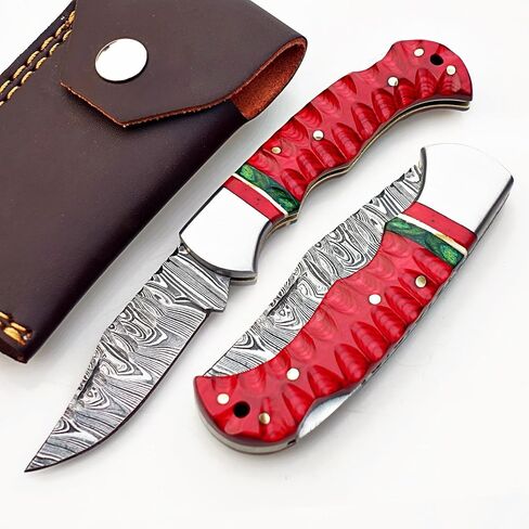 Damascus Steel Folding Pocket Knife – Red Wood Handle with Green Accent, Handmade EDC Knife with Leather Sheath, Hunting Camping Outdoor Knife – Gift for Dad, Groomsmen (With Groves on Handle) in Kuwait