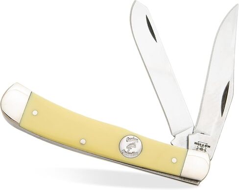 Bear & Son Little Trapper Pocket Knife, Two-Blade Slip Joint Folding Knife with Yellow Delrin® Handle, 1095 High Carbon Steel Clip & Spey Blades, Nickel Silver Bolsters, Classic Manual EDC, USA Made in Saudi Arabia