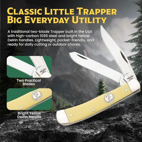 Bear & Son Little Trapper Pocket Knife, Two-Blade Slip Joint Folding Knife with Yellow Delrin® Handle, 1095 High Carbon Steel Clip & Spey Blades, Nickel Silver Bolsters, Classic Manual EDC, USA Made in Saudi Arabia