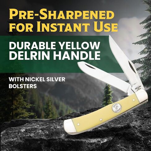 Bear & Son Little Trapper Pocket Knife, Two-Blade Slip Joint Folding Knife with Yellow Delrin® Handle, 1095 High Carbon Steel Clip & Spey Blades, Nickel Silver Bolsters, Classic Manual EDC, USA Made in Saudi Arabia