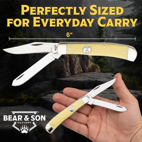 Bear & Son Little Trapper Pocket Knife, Two-Blade Slip Joint Folding Knife with Yellow Delrin® Handle, 1095 High Carbon Steel Clip & Spey Blades, Nickel Silver Bolsters, Classic Manual EDC, USA Made in Saudi Arabia