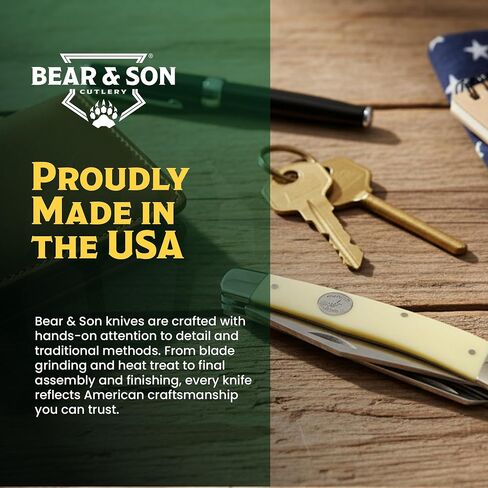 Bear & Son Little Trapper Pocket Knife, Two-Blade Slip Joint Folding Knife with Yellow Delrin® Handle, 1095 High Carbon Steel Clip & Spey Blades, Nickel Silver Bolsters, Classic Manual EDC, USA Made in Saudi Arabia