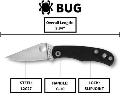Spyderco Bug Micro-Sized Slipjoint Knife with 1.27 Inch 12C27 Steel Blade and Durable G-10 Black Handle - PlainEdge - C133GBKP in Kuwait