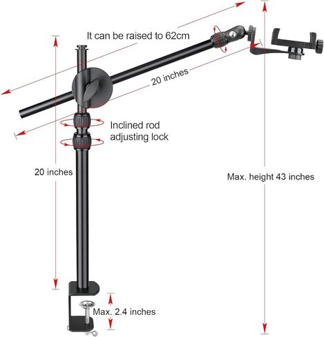 FlexiMount Pro Adjustable Overhead Tripod Phone Stand with Desk Clamp, RC Monitor Mirror & Mic Arm for iPhone, YouTube, Zoom, Live Streaming, Video Meeting, Vlog Recording in Kuwait