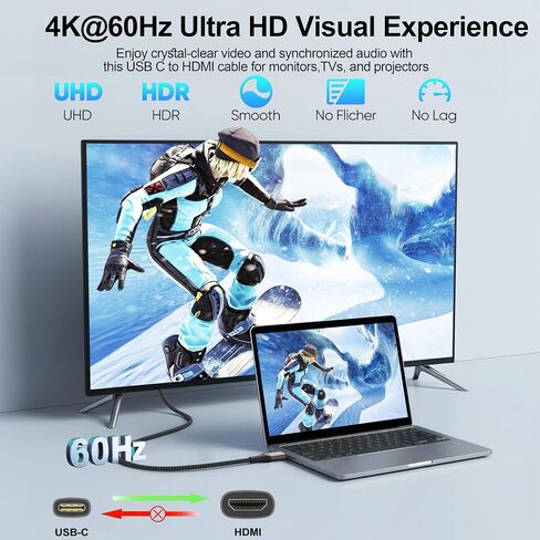 USB C to HDMI Cable 6.6FT(4K@60Hz), Type C to HDMI 2.0 Cord for Home Office, [Thunderbolt 3/4 Compatible] for Chromebook, MacBook Pro/Air, iPhone 17/16, iPad Pro, iMac, XPS 17, Galaxy S9 S25, Surface in Kuwait