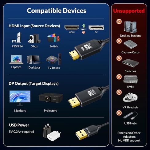 8K Active HDMI 2.1 to DP 1.4 Cable 6.6ft for PS5 Xbox in Kuwait