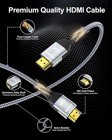 16K 10K 8K HDMI 2.2 Cable 10FT, 96Gbps Ultra High Speed 16@60Hz 8K@240Hz 4K@480Hz Braided HDMI Cord, HDCP 2.2 & 2.3, Dynamic HDR, eARC, Compatible with P5S HDTV PC Monitor Xbox Series in Kuwait