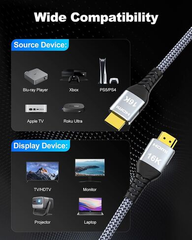 16K 10K 8K HDMI 2.2 Cable 10FT, 96Gbps Ultra High Speed 16@60Hz 8K@240Hz 4K@480Hz Braided HDMI Cord, HDCP 2.2 & 2.3, Dynamic HDR, eARC, Compatible with P5S HDTV PC Monitor Xbox Series in Kuwait