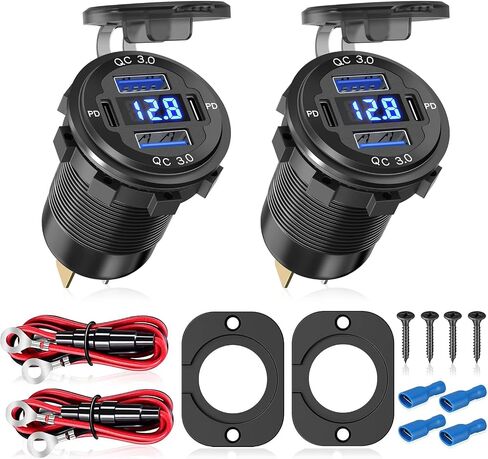 2Pcs 12V/24V Outlet with Voltmeter, Quick Charge 3.0 Dual USB Power Outlet, Waterproof Fast Charge USB Charger Socket DIY Kit for Car Boat Marine (2 Pack) in Kuwait