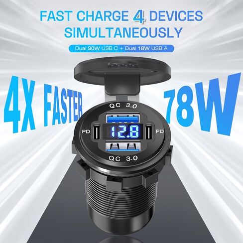 2Pcs 12V/24V Outlet with Voltmeter, Quick Charge 3.0 Dual USB Power Outlet, Waterproof Fast Charge USB Charger Socket DIY Kit for Car Boat Marine (2 Pack) in Kuwait