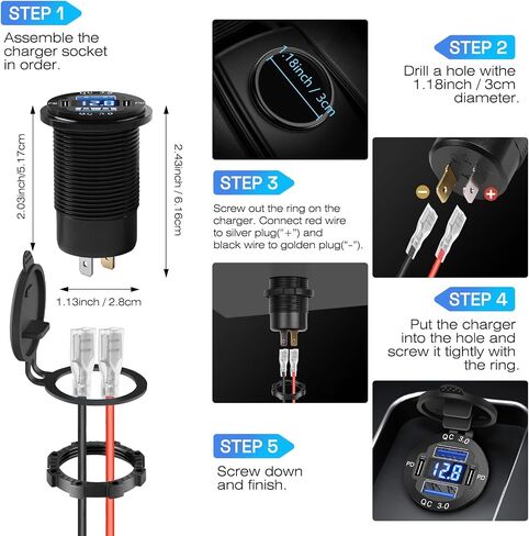 2Pcs 12V/24V Outlet with Voltmeter, Quick Charge 3.0 Dual USB Power Outlet, Waterproof Fast Charge USB Charger Socket DIY Kit for Car Boat Marine (2 Pack) in Kuwait