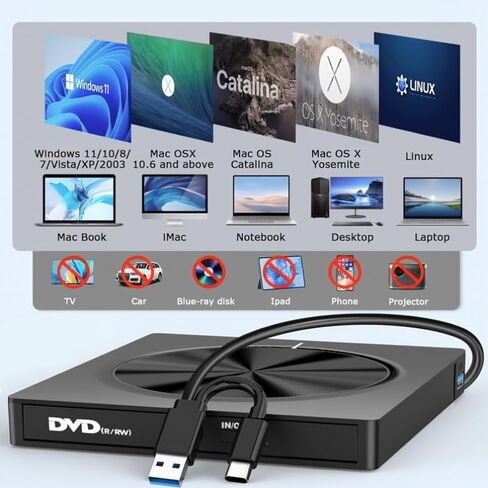 7-in-1 External DVD Drive USB 3.0, DVD-RW CD Burner with TF/SD Card Reader & USB Ports, Portable Slim Optical Drive for Laptop Desktop, Plug and Play in Kuwait