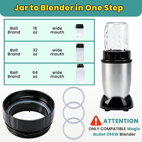 Adapter for Magic Bullet Blender & Wide-Mouth Mason Jar — 1-Pack Connector + 3-Pack Silicone Sealing Rings, Only Compatible with MB1001 250W Blender and Ball Jars in 16oz, 32oz, and 64oz in Kuwait
