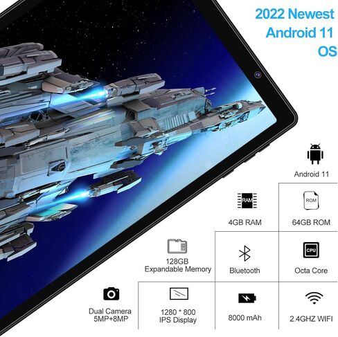 Tablet 10 inch Android Tablets 4GB+64GB+1TB Expand, 8000mAh Octa-Core Eletronic Tablet with Drop-Proof Case, 1280 x 800 HD IPS Display, GPS, 5G WiFi, Dual Camera, Split-Screen, Widevine L1 -Blue in Kuwait