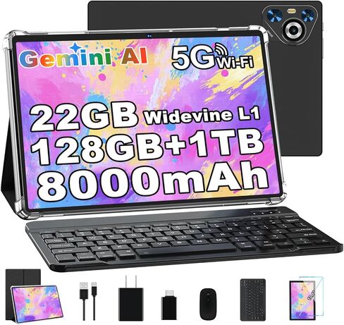 10 Inch Tablet, 22GB RAM+128GB ROM+1TB Expand, Android 14 Tablet with Keyboard and Mouse, 8000mAh Battery, 1280x800 IPS Display, Octa-Core CPU, Support BT5.0, GPS, WiFi - Black in Kuwait