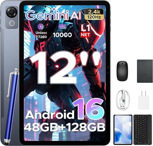 P12 12 Inch 2.4K Android 16 Tablet with Gemini AI, 120Hz Display, UNISOC T7280 Octa Core, 48GB RAM+128GB Storage, 10000mAh, Face ID, GPS, Widevine L1, Tablet with Keyboard, Pen, Blue in Kuwait