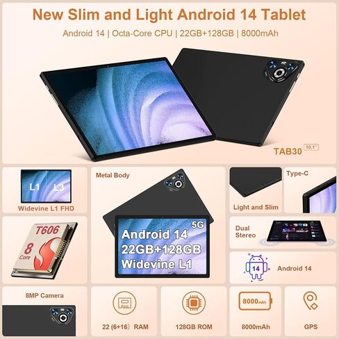 10 Inch Tablet, 22GB RAM+128GB ROM+1TB Expand, Android 14 Tablet with Keyboard and Mouse, 8000mAh Battery, 1280x800 IPS Display, Octa-Core CPU, Support BT5.0, GPS, WiFi - Black in Kuwait