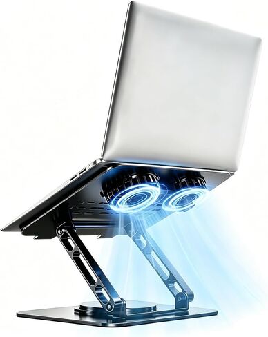 Laptop Stand for Desk with Dual Quiet Cooling Fans - 360° Rotating Base Ergonomic Computer Stand, Heavy-Duty Carbon Steel Laptop Riser Foldable Portable for Office Home (Black) in Kuwait