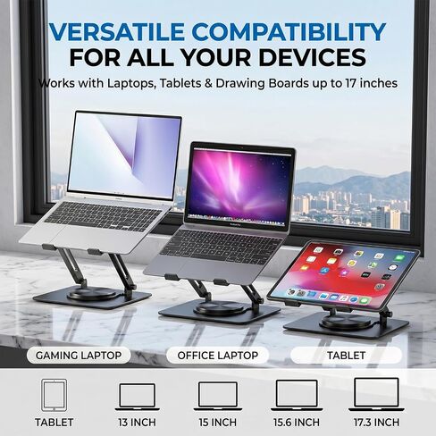 Laptop Stand for Desk with Dual Quiet Cooling Fans - 360° Rotating Base Ergonomic Computer Stand, Heavy-Duty Carbon Steel Laptop Riser Foldable Portable for Office Home (Black) in Kuwait