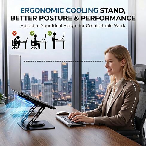 Laptop Stand for Desk with Dual Quiet Cooling Fans - 360° Rotating Base Ergonomic Computer Stand, Heavy-Duty Carbon Steel Laptop Riser Foldable Portable for Office Home (Black) in Kuwait