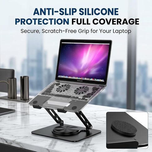 Laptop Stand for Desk with Dual Quiet Cooling Fans - 360° Rotating Base Ergonomic Computer Stand, Heavy-Duty Carbon Steel Laptop Riser Foldable Portable for Office Home (Black) in Kuwait