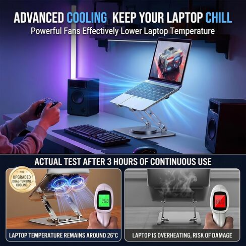 Laptop Stand for Desk with Dual Quiet Cooling Fans - 360° Rotating Base Ergonomic Computer Stand, Heavy-Duty Carbon Steel Laptop Riser Foldable Portable for Office Home (Black) in Kuwait