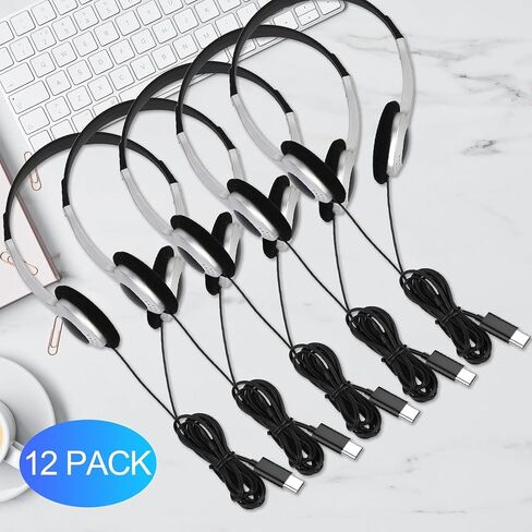 12 Pack Type C Classroom Headphones Bulk for Kids Durable Wired Over Ear School Headsets with Microphone, Hearing Protection for iPad, Tablets, School Students, Online Learning in Saudi Arabia