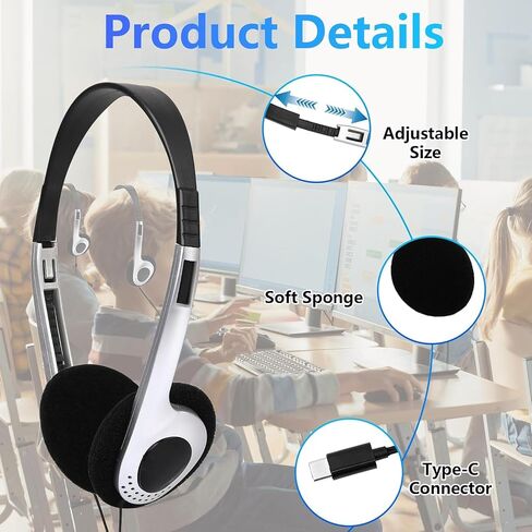 12 Pack Type C Classroom Headphones Bulk for Kids Durable Wired Over Ear School Headsets with Microphone, Hearing Protection for iPad, Tablets, School Students, Online Learning in Saudi Arabia