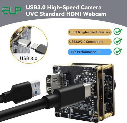 ELP 4K 60fps USB3.0 HDMI Camera Module H.264 Wide Angle High Speed UVC Lightburn Cameras for Computer Low Illumination Simultaneous Output Webcam M12 90° Web_Camera for Windows Linux Mac TV Projector in Kuwait